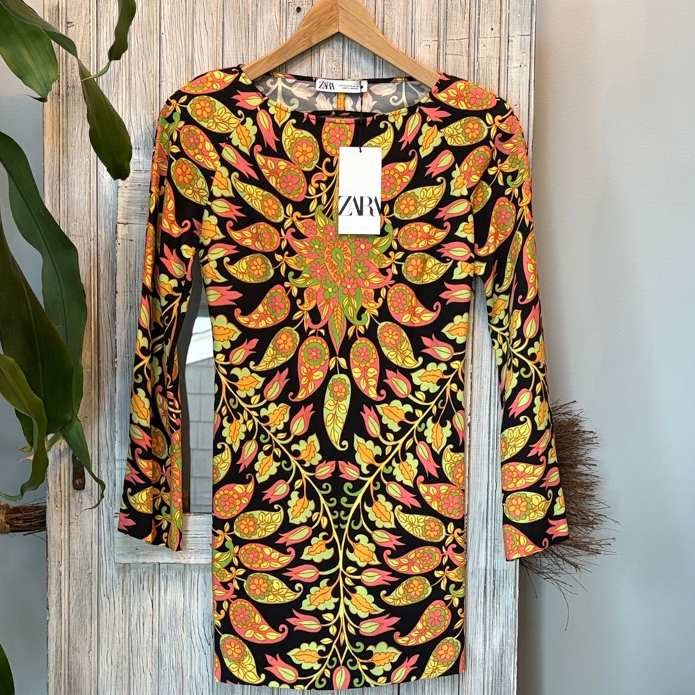 Zara Black and Orange Floral Dress Flare Sleeves Open Back Size XS NWT